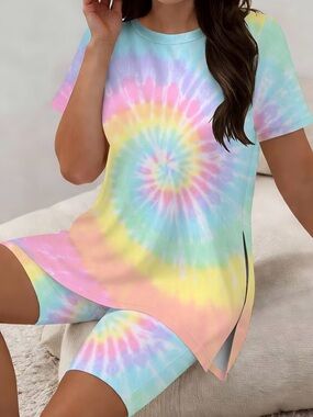 Pastel Tie-Dye Short Sleeve Tunic & Bike Shorts Set